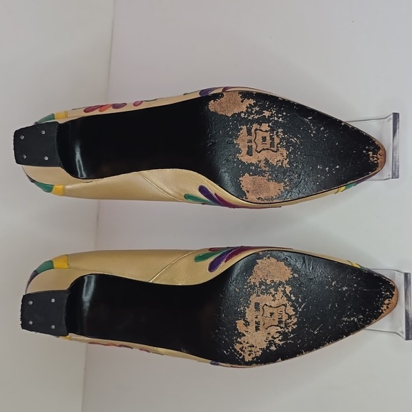Vintage 1980's Margaret Jerrold Leather Pumps Gold-Multi Artsy Deco - Picture 8 of 10